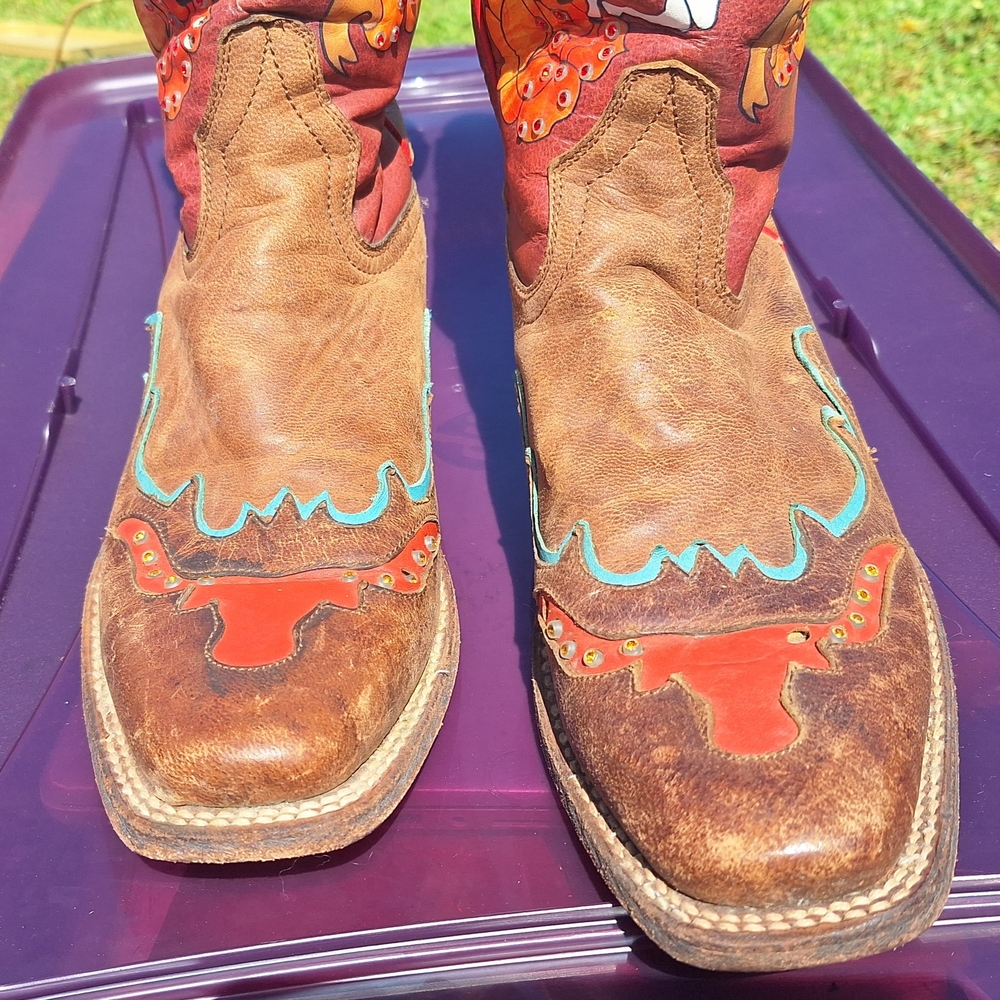 Rare" Ariat Quincy Bronco Billie Red 7.5 Painted Cowgirl Western Cowboy Boots - Picture 13 of 15